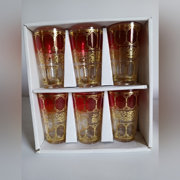 Moroccan Tea / Water / Juice Glasses Cranberry Red With Gold Vine Motif - Picture 8 of 10